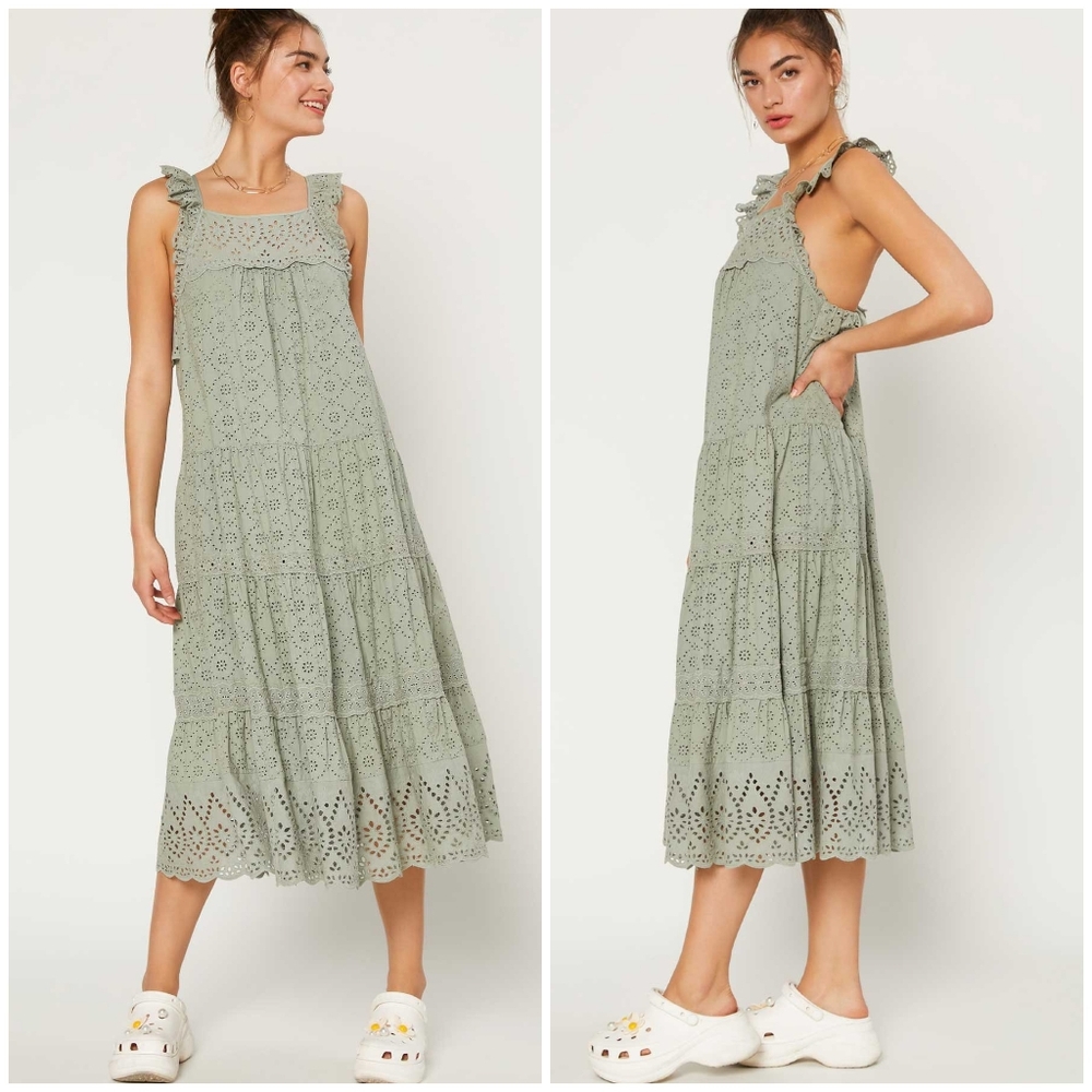 CURRENT AIR  Anthro Sage Green Eyelet Midi Dress - Picture 2 of 7